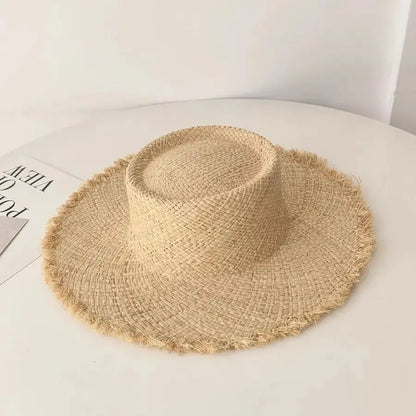Boater Straw Hat wide brim French elegant square ribbon women's sun hat holiday straw hat 모자 햇빛 가리개 - 50