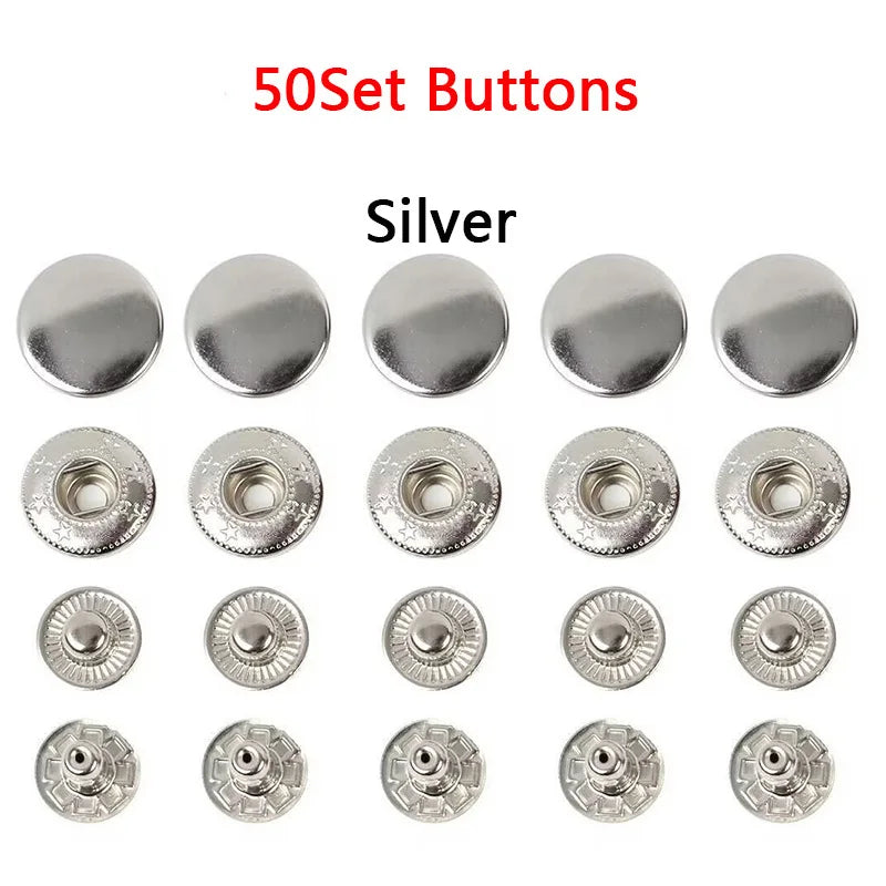 50Sets Leather Snap Fasteners Kit 10mm 12mm 15mm Metal Button Snaps Press Studs 4 Install Tools Leather Snaps For DIY Clothes