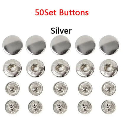 50Sets Leather Snap Fasteners Kit 10mm 12mm 15mm Metal Button Snaps Press Studs 4 Install Tools Leather Snaps For DIY Clothes