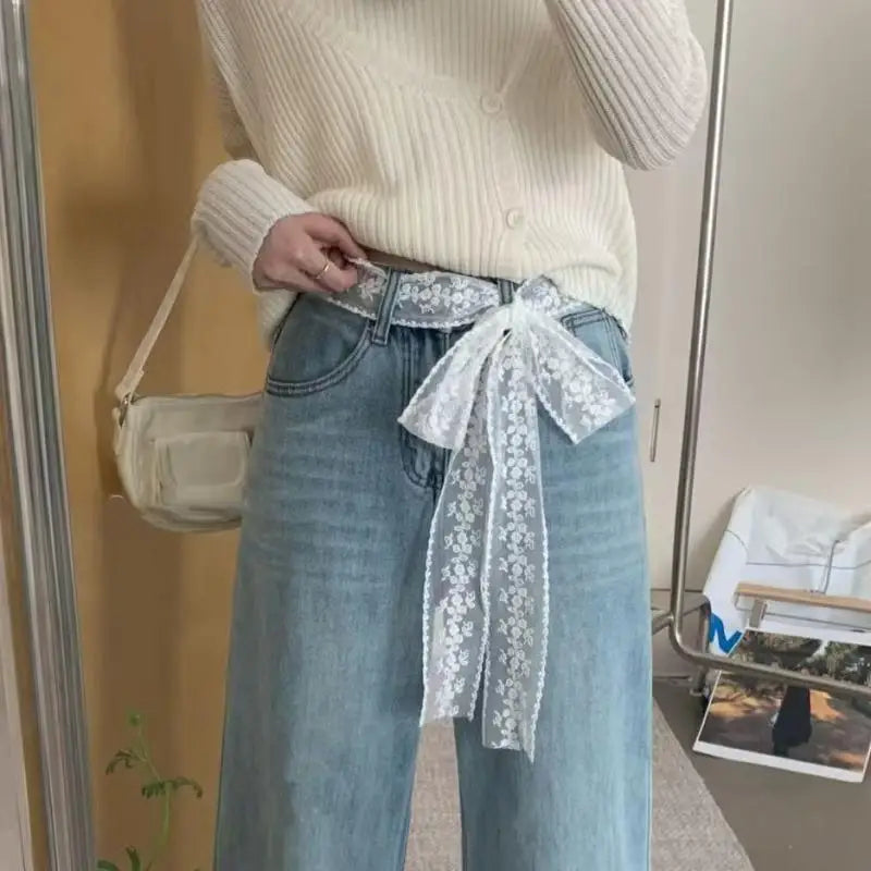 Sweet Lace Elastic Bow Tie Bohemian Waist Chain Belt for Women Fashion Sweater Chain Waist Seal Body Decor Accessories