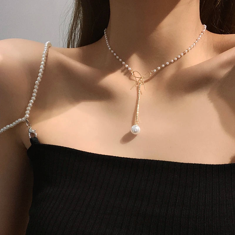 New Korean Pearl Necklaces for Women Gold Color Link Chain Choker Fashion Neck Accessories Elegant Collar Bijoux Femme