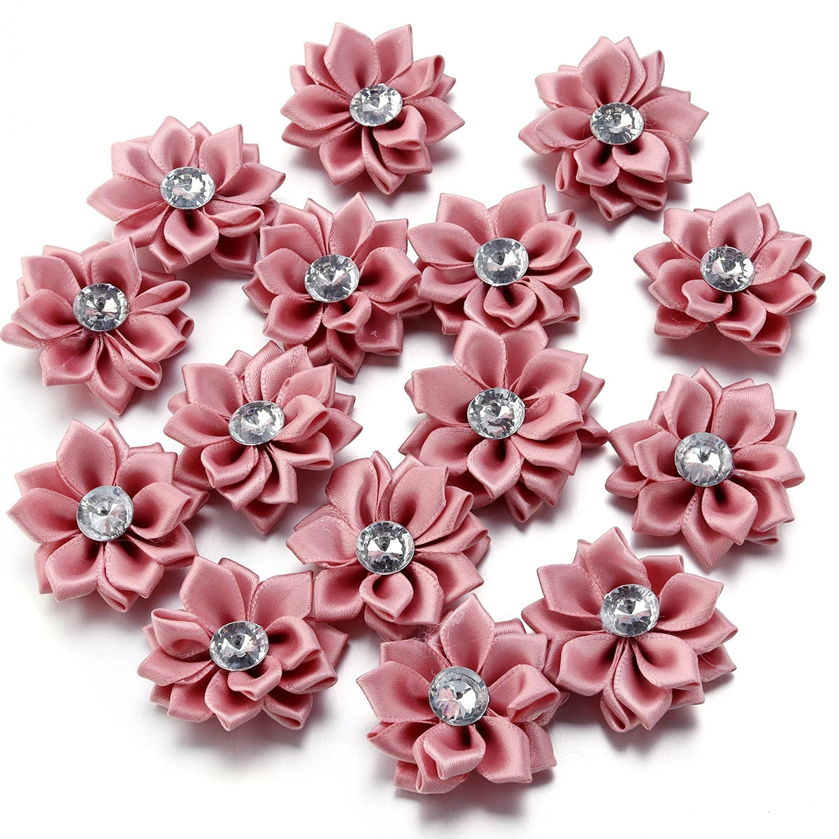 20pcs/lot 40mm Mini Inlaid Rhinestones Small Handmade DIY Satin Ribbon Flowers Head Decorate Clothing Supplies Accessories - 