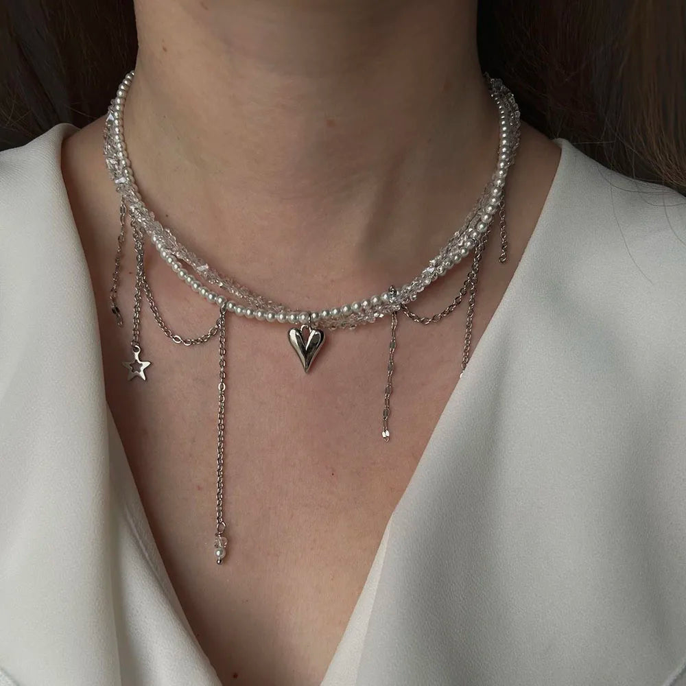New Irregular Choker Vintage Zircon Heart Pendant Necklace For Women Female Pink & white Stone Chain Valentine's Gift N0548