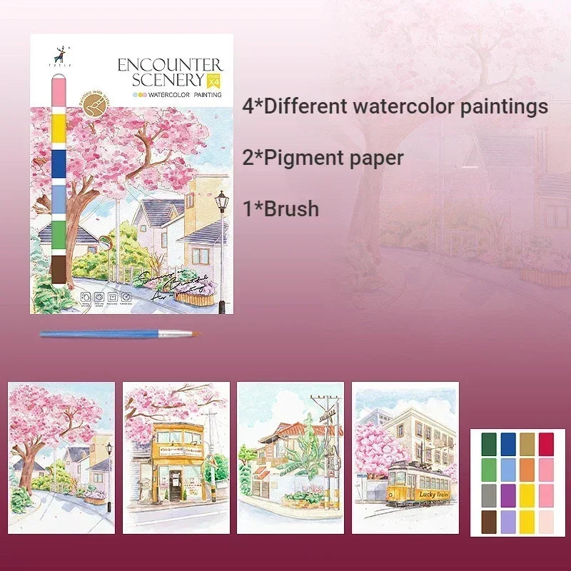 Portable Watercolor Painting Book 4 Sheets Coloring Book with Paint Brush Gouache Book Kids Graffiti Picture Drawing Statione
