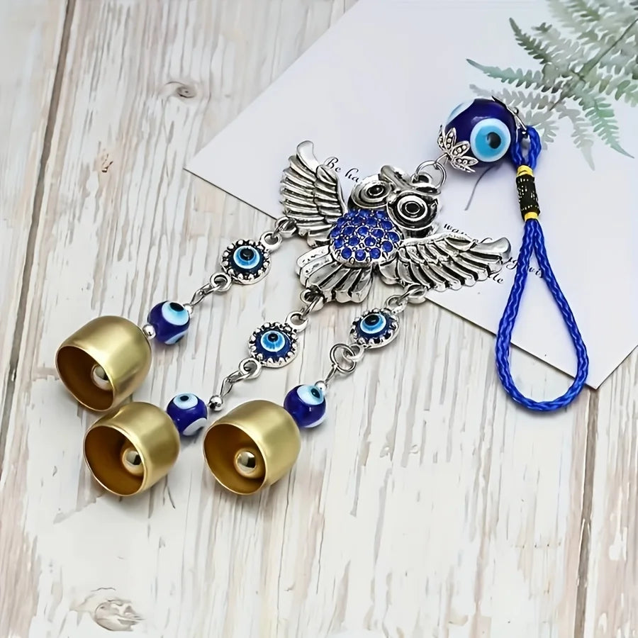 1pc blue eye spread wing owl bell wind chime for outdoor courtyard corridor window lattice wall car decoration birthday gift 