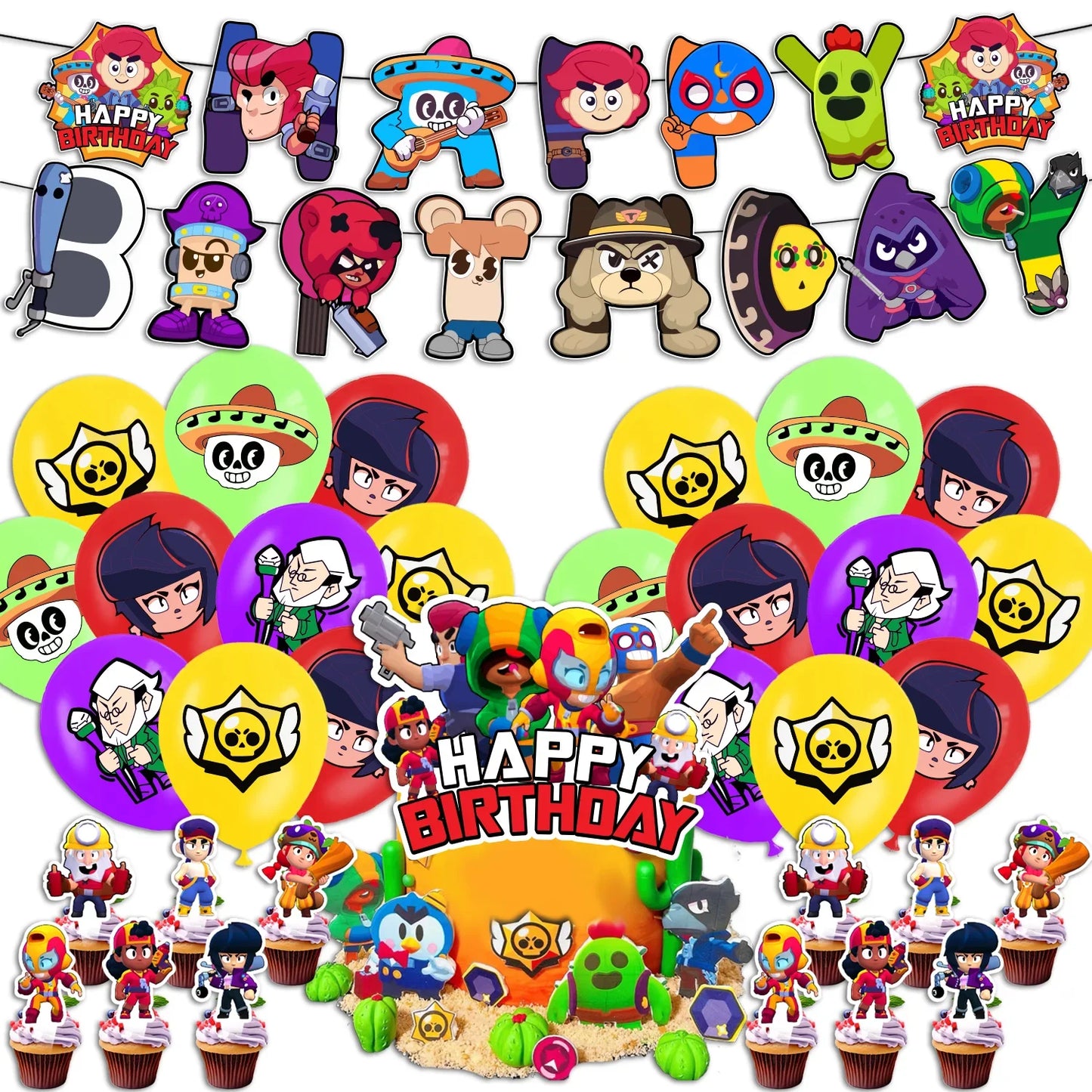 Battle Balloons Happy Birthday Banner Fight Game Party Decoration Brawled Background Cake Topper Disposable Tableware Keychai