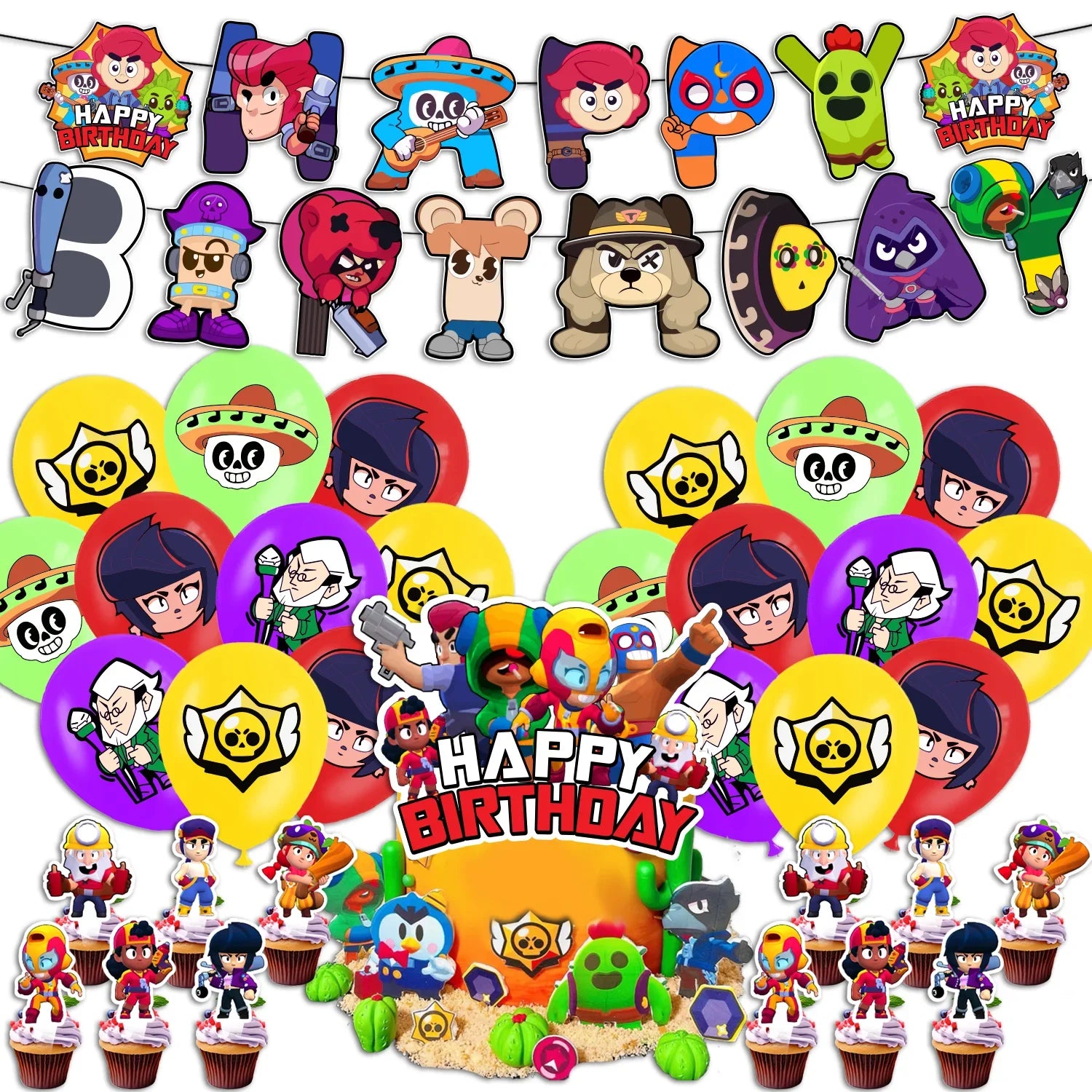 Battle Balloons Happy Birthday Banner Fight Game Party Decoration Brawled Background Cake Topper Disposable Tableware Keychai