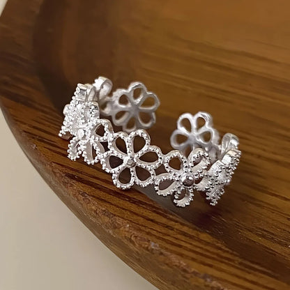 VENTFILLE 925 Sterling Silve Flower Ring for Women Gift Hollow Out Design Retro Hip Hop Versatile Jewelry Party Gift - FFMM05