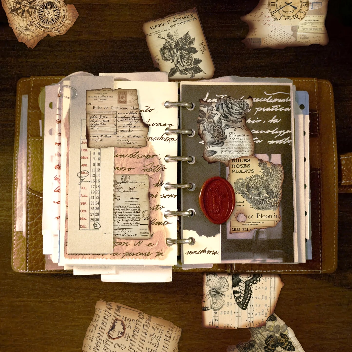 50 Pcs Vintage Burnt Stickers, Historical Creative Decorative Stickers for Scrapbook Junk Journal Collage DIY Crafts
