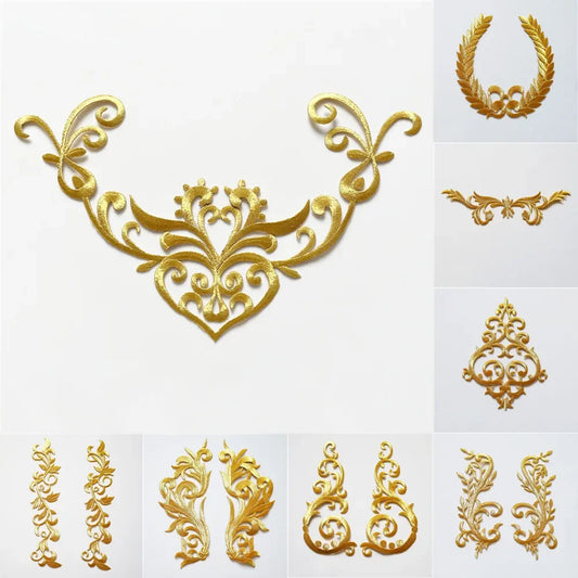 Gold Silver Embroidered Baroque Flower Applique Iron Sew On Patch For Wedding Bridal Gown Clothes Fabric Dress Decor DIY Craf