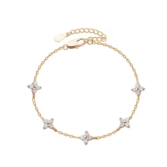 Crystal Four Leaf Flower Bracelet for Women Clasic Trendy Gold Color Stainless Steel Zircon Bangle Jewelry Gift - gold Bracel