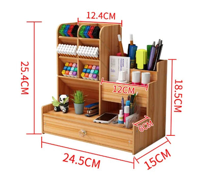 Wooden Desk Organiser DIY Desktop Tidy Pen Holder Large Capacity Stationery Storage Box with Drawer for Home Office and Schoo