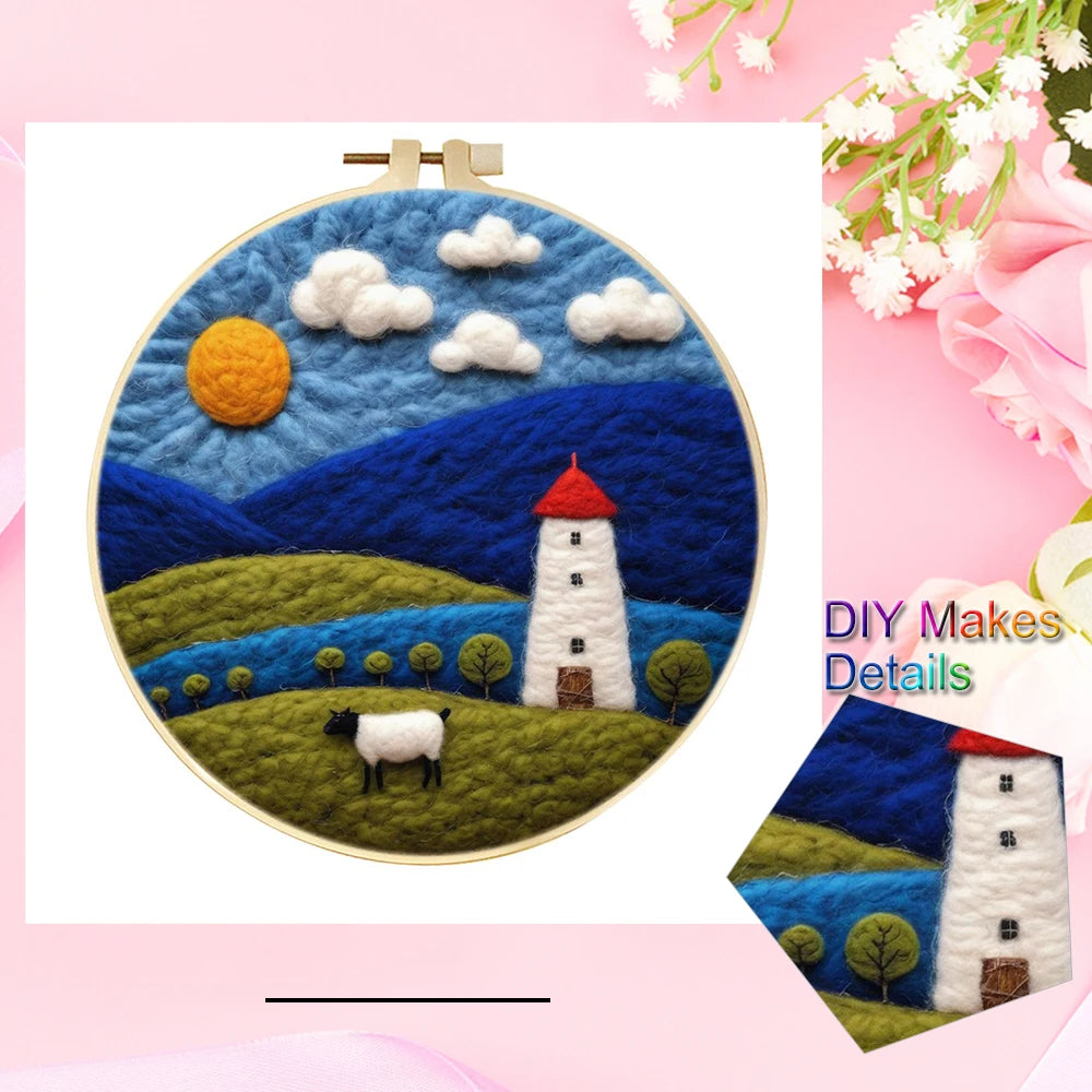PhotoCustom Diy Felting Kit Wool Felting Painting With Complete Kit House Landscape Wool Needle Felt Picture Kit Felt Craft N