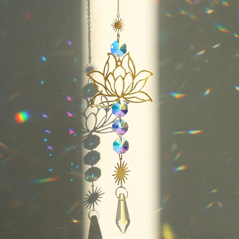 1PcMetalLotusandArtificial Crystal Suncatcher Charm Handmade Applicable Home Wind Chime Pendant Outdoor Garden Plant Decorati