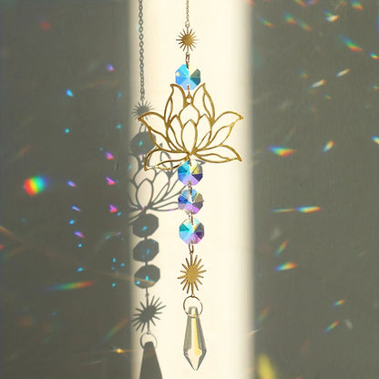 1PcMetalLotusandArtificial Crystal Suncatcher Charm Handmade Applicable Home Wind Chime Pendant Outdoor Garden Plant Decorati