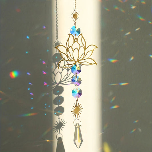 1PcMetalLotusandArtificial Crystal Suncatcher Charm Handmade Applicable Home Wind Chime Pendant Outdoor Garden Plant Decorati