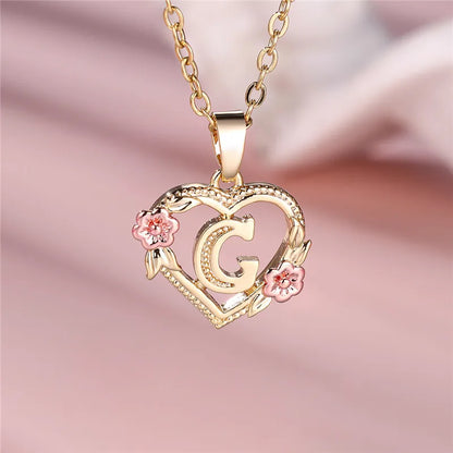 Female A-Z Letter Flower Pendant Necklace Yellow Gold Color Wedding Jewelry Gift For Women - G