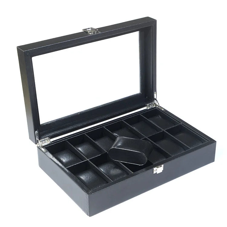 Lnofxas Black Single Watch Gift Box with Pillow PU Leather Wristwatch Display Case Organizer for Men - PU Black 12-Slot