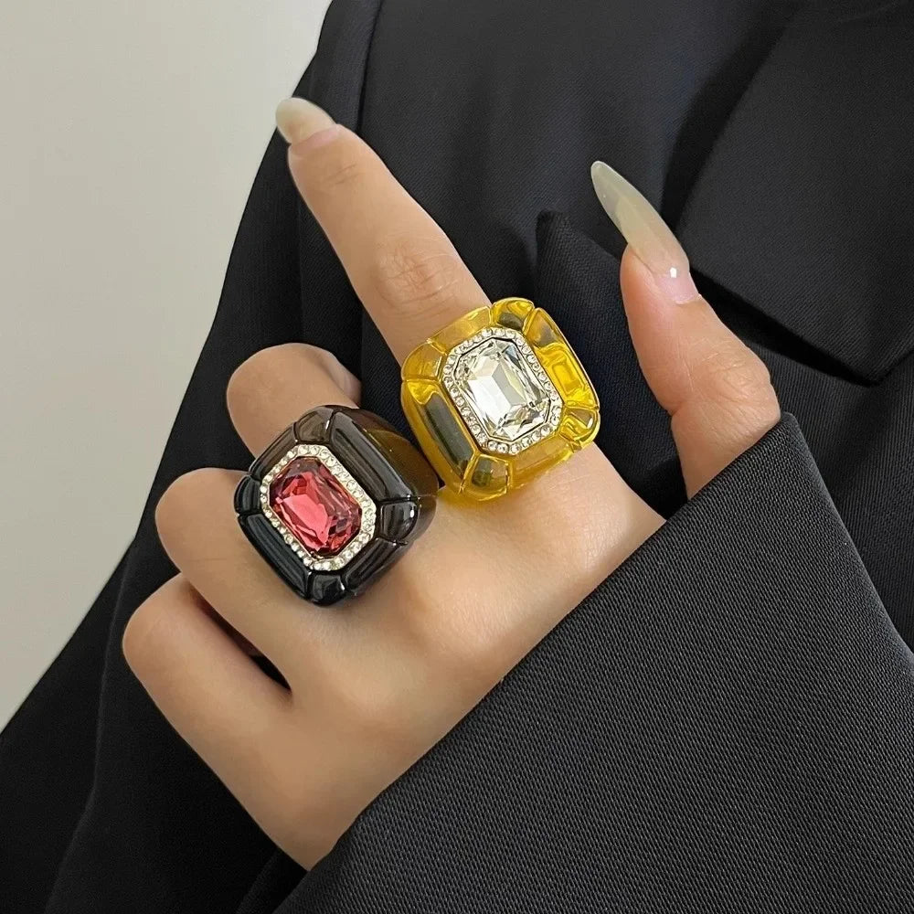New Colorful Rhinestones Ring Geometric Three-dimensional Finger Ring Elegant Jewelry Square Ring Women