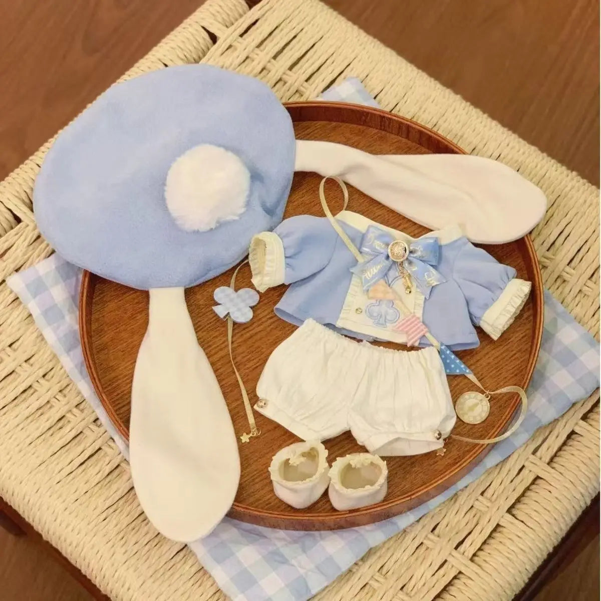 20CM Cotton Doll Clothes Blue School Style Outfit with Long Ear Rabbit Hat Cute Plush Doll Dress Up Accessories - 01