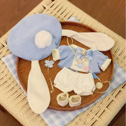 20CM Cotton Doll Clothes Blue School Style Outfit with Long Ear Rabbit Hat Cute Plush Doll Dress Up Accessories - 01