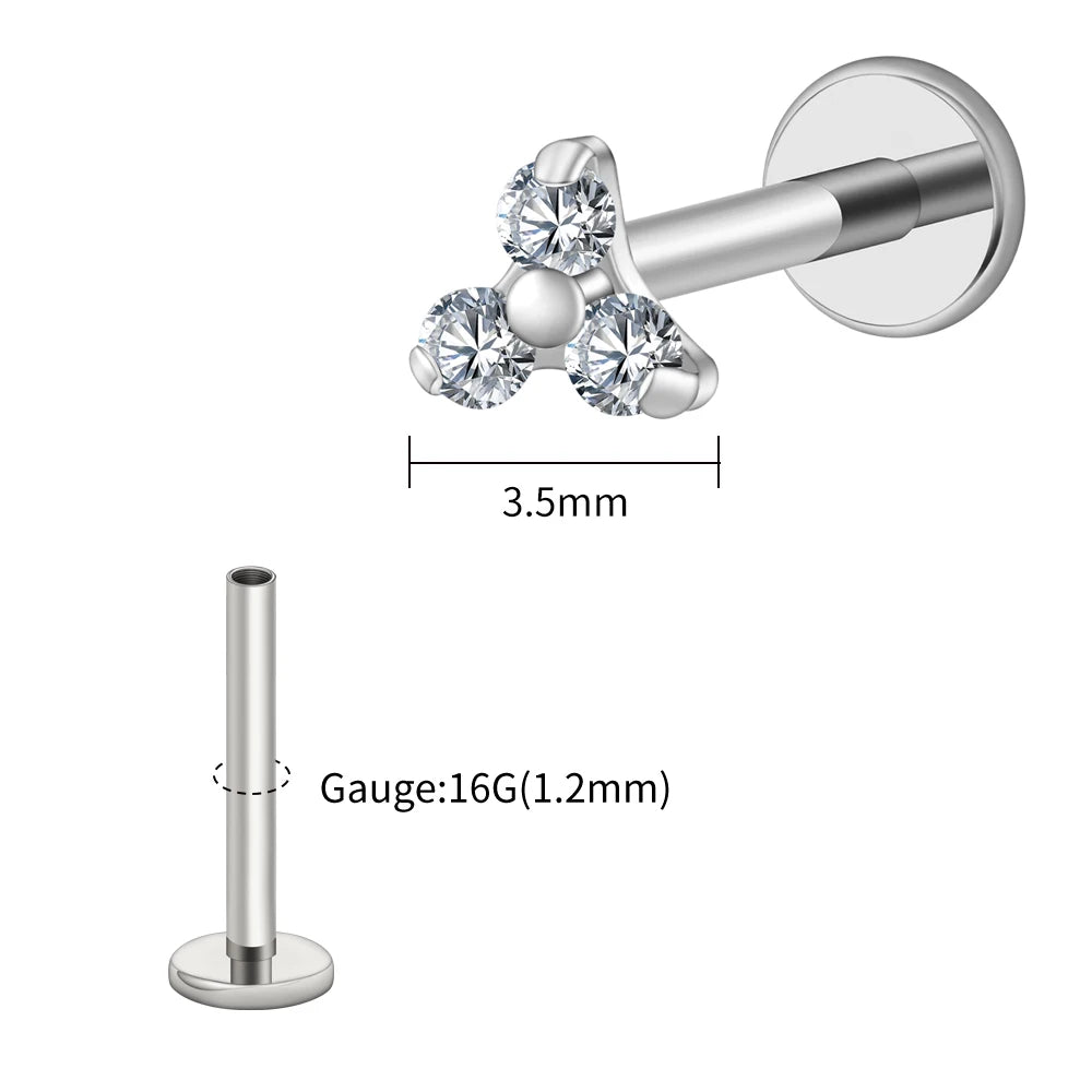 Right Grand ASTM F136 Titanium Tiny Trinity CZ Labret Stud 16G Triple CZ Flower Cartilage Earring Nose Medusa Earlobe Piercin