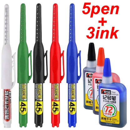 45mm Waterproof Deep Hole Marker Pens Long Nib Head Carpenter Pen White/Black/Blue Ink for Multi-Purpose Woodworking Hand Too