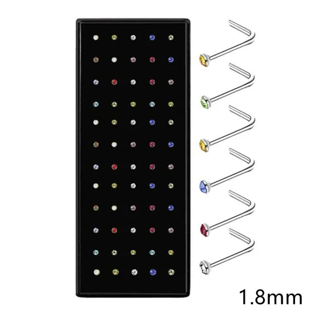 Fashion Crystal Stainless Steel Nose Stud Piercing for Women Hypoallergenic 1.8mm Nose Ring Straight/L/Screw Shaped Body Jewe