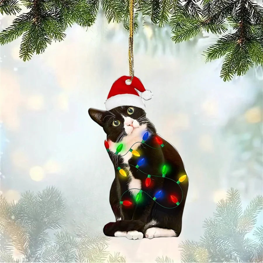 Charming Black Cat Christmas Ornament 2d Acrylic Hanging Decor For Tree Car Mirror Keychain Kid Xmas Gift Holiday Party Suppl