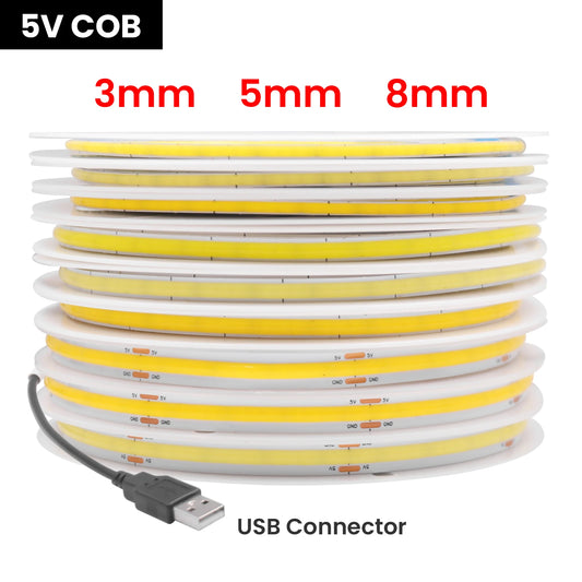 DC 5V USB COB Strip 3MM 5MM 8MM White/Pink/Red/White/Yellow/Ice Blue/Green Flexible Ribbon Rope Home Decor TV Backlight