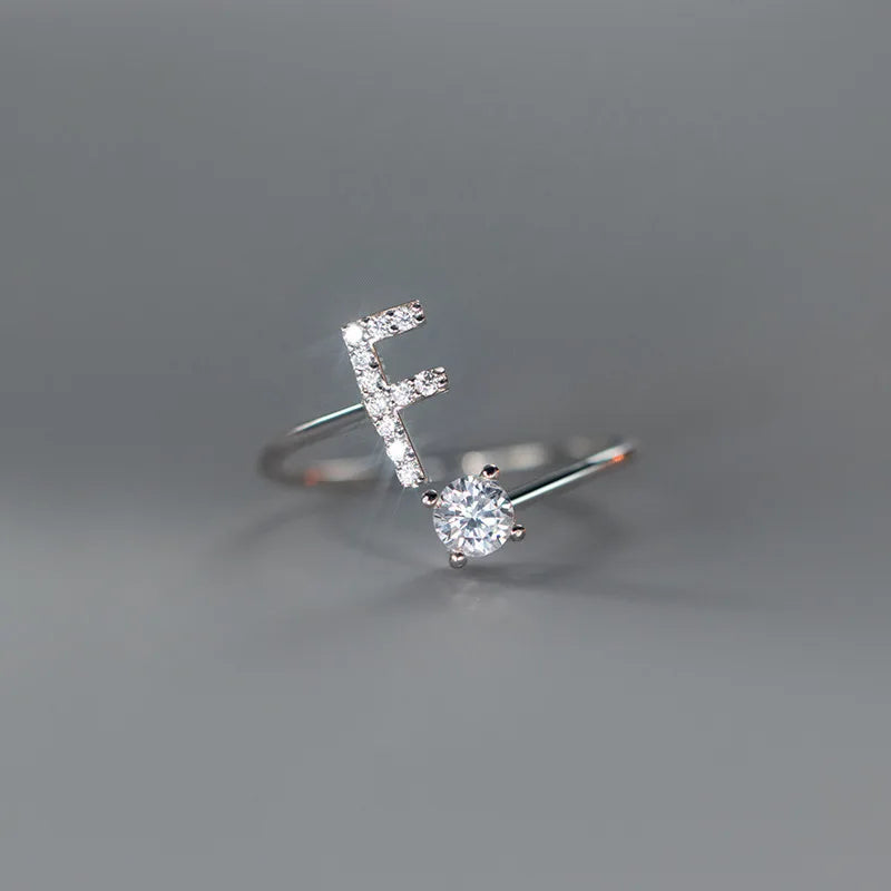 Zircon Initial A-Z Letter Ring For Women Metal Adjustable Opening Ring Name Alphabet Female Wedding Gift Anillos Mujer - F