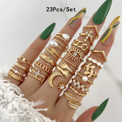 30Pcs Bohemian Geometric Knuckle Rings Set For Women Gold Silver Color Finger Ring Girls Fashion Party Jewelry Accessories - 