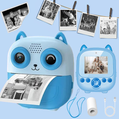 Instant Print Digital Camera - Mini Portable Photo Printer with Cute Cartoon Design, Instant Black & White Printing - Blue
