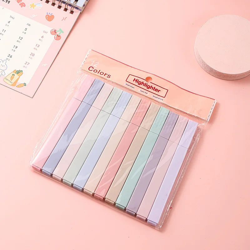 12pcs Square Highlighter Markers Painting Tools for Journaling School Office Supplies for Students Artists and Stationery Lov