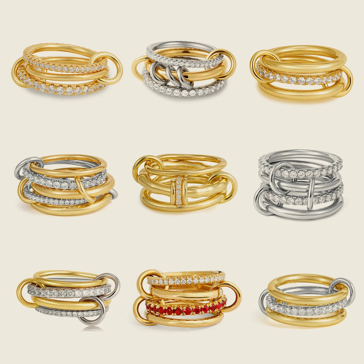 Luxury Cubic Zirconia Gold Plating Multilayer Connecting Rings for Women Fashion Mixed Color Stackable Finger Ring Party Jewe