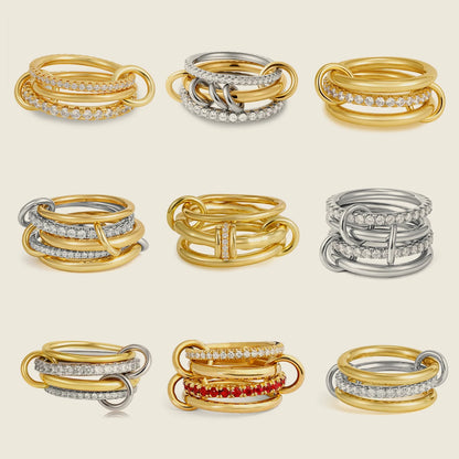 Luxury Cubic Zirconia Gold Plating Multilayer Connecting Rings for Women Fashion Mixed Color Stackable Finger Ring Party Jewe