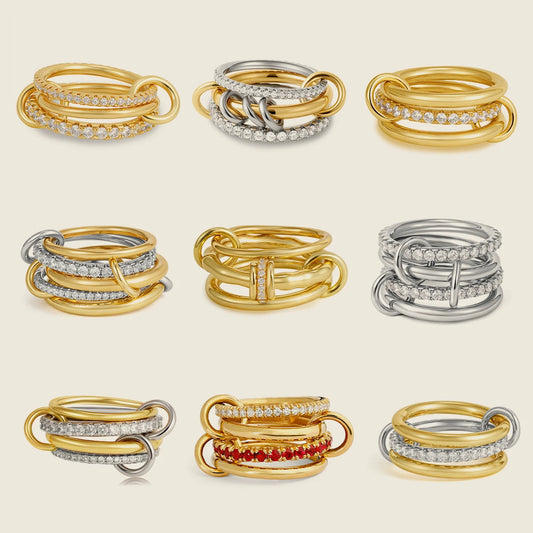 Luxury Cubic Zirconia Gold Plating Multilayer Connecting Rings for Women Fashion Mixed Color Stackable Finger Ring Party Jewe