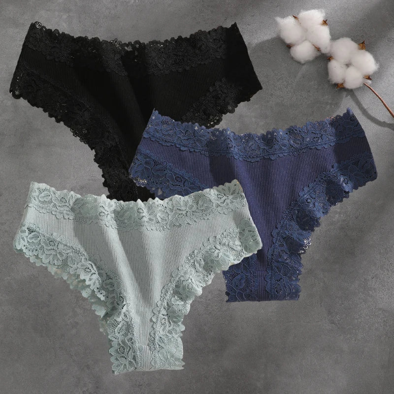 3Pcs Cotton Lace Patchwork Bikini Panties Women Seamless Floral Print Brazilian Pants Low Waist Breathable Female Sexy Linger