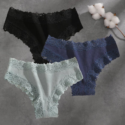 3Pcs Cotton Lace Patchwork Bikini Panties Women Seamless Floral Print Brazilian Pants Low Waist Breathable Female Sexy Linger