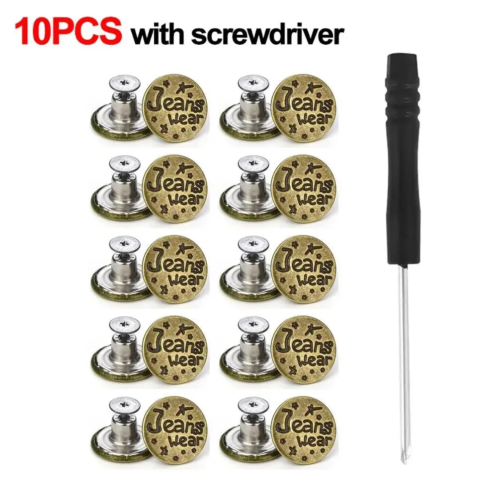 10Pcs Metal Jeans Buttons 17mm Replacement No-Sewing Screw Button Repair Kit Nailless Removable Jean Buckles Clothing Pants P