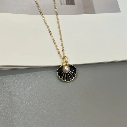 Colorful Shell Pendant Necklace Imitation Pearl Fashion Women Neck Jewelry Golden Color Link Chain Jewelry - B