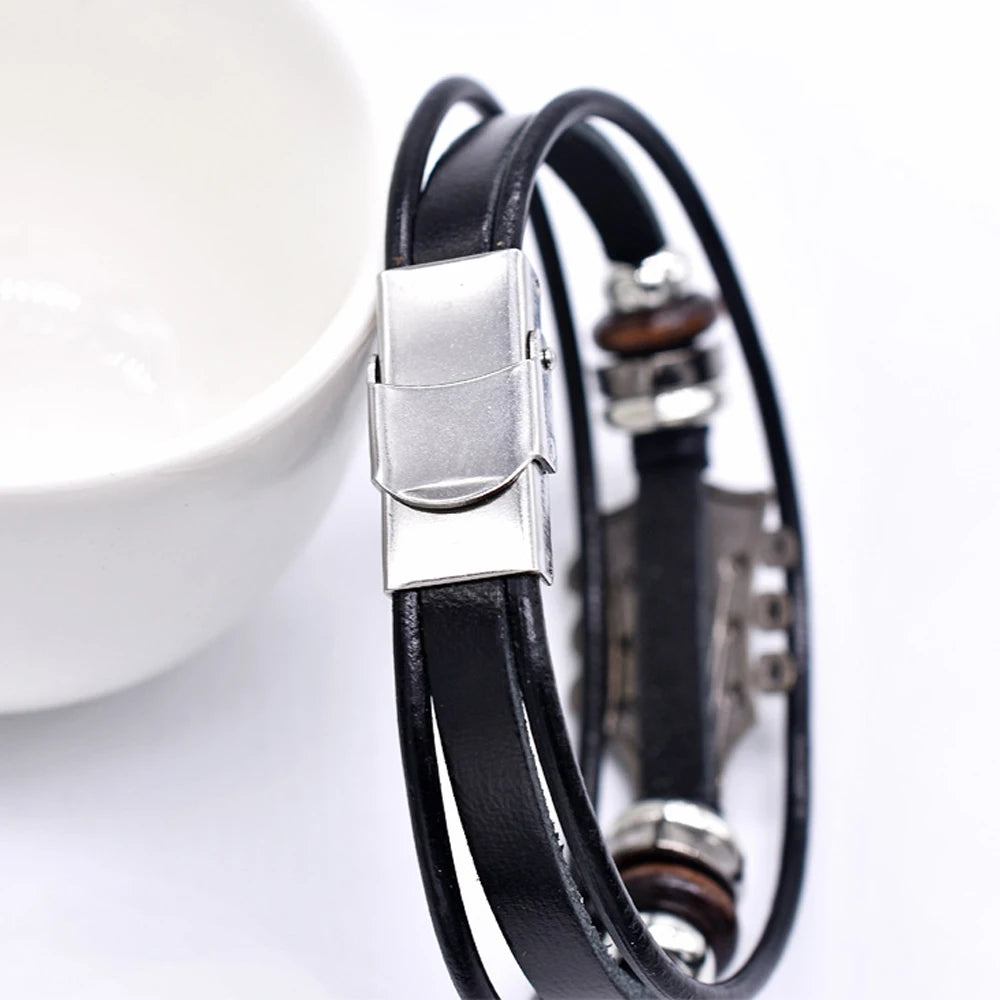Retro Faux Leather Guitar Bracelet, Punk Rock Music Guitar Genuine Leather Bracelet, Handmade Braided Multi-Layer Wrap Bracel