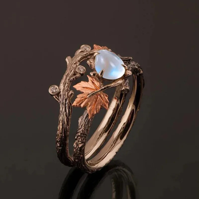 Luxury Vintage Niche Design Tree Branch Maple Leaf Double Layer Ring Women Men Light Luxury White Gemstone Holiday Party Jewe