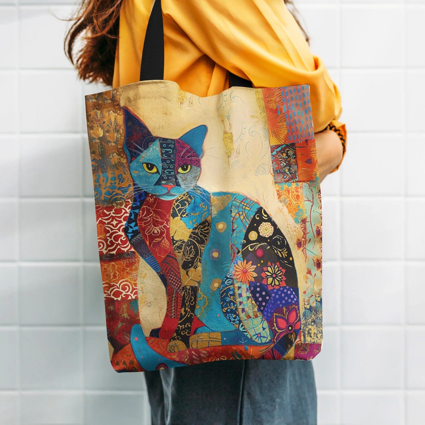 1/5/10pcs Floral Cat Pattern Tote Bag, Aesthetic Canvas School Shoulder Bag, Lightweight Grocery Shopping Bag