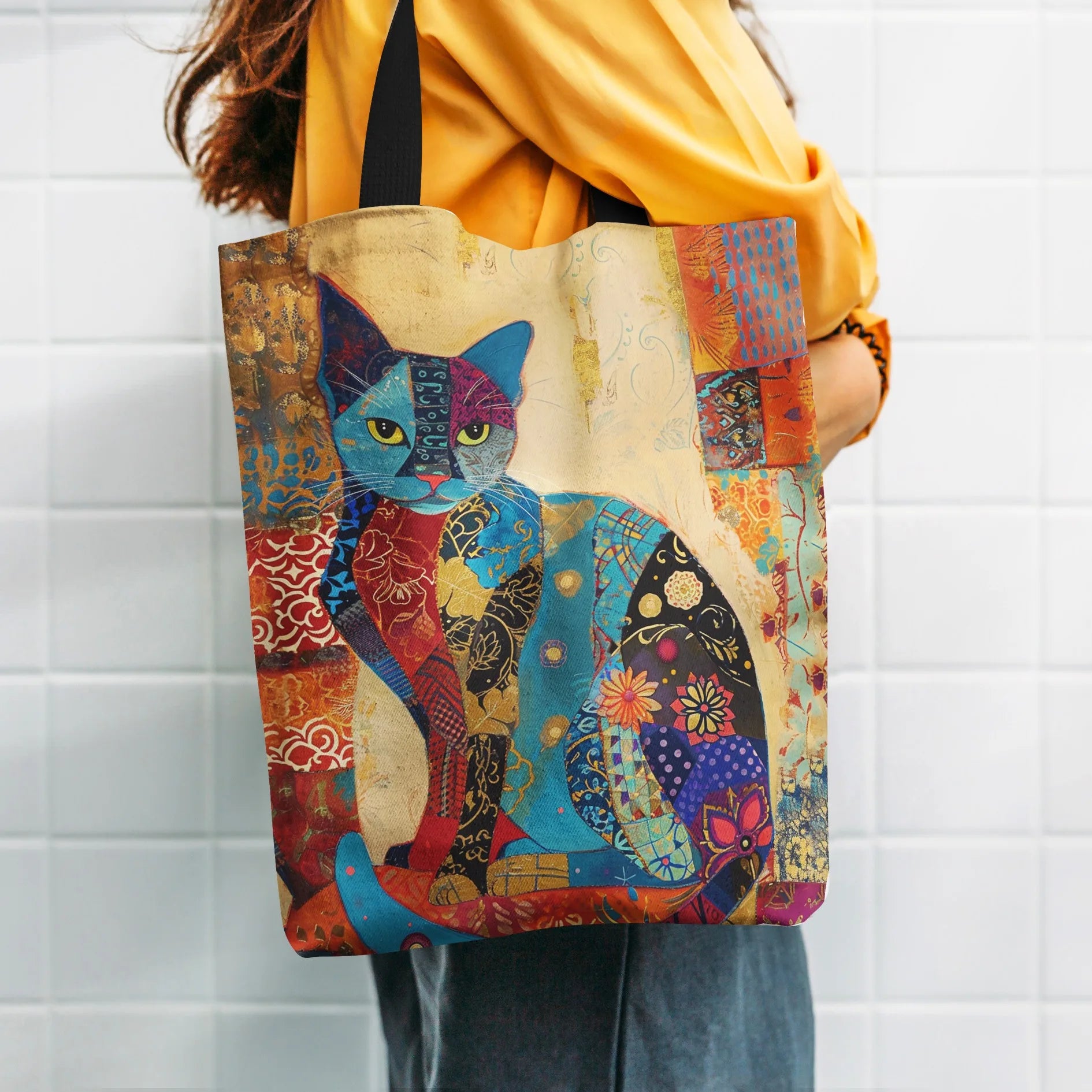 1/5/10pcs Floral Cat Pattern Tote Bag, Aesthetic Canvas School Shoulder Bag, Lightweight Grocery Shopping Bag