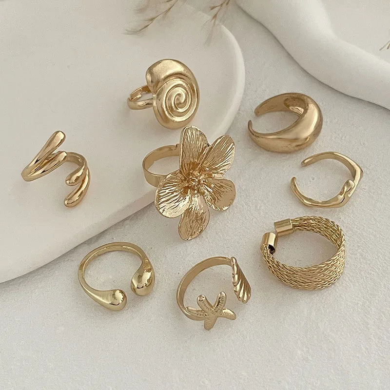 Bohemian Vintage Gold Color Open Joint Ring For Women Vacation Beach Style Flower Starfish Knuckle Rings Set Jewelry