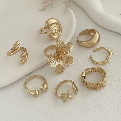 Bohemian Vintage Gold Color Open Joint Ring For Women Vacation Beach Style Flower Starfish Knuckle Rings Set Jewelry