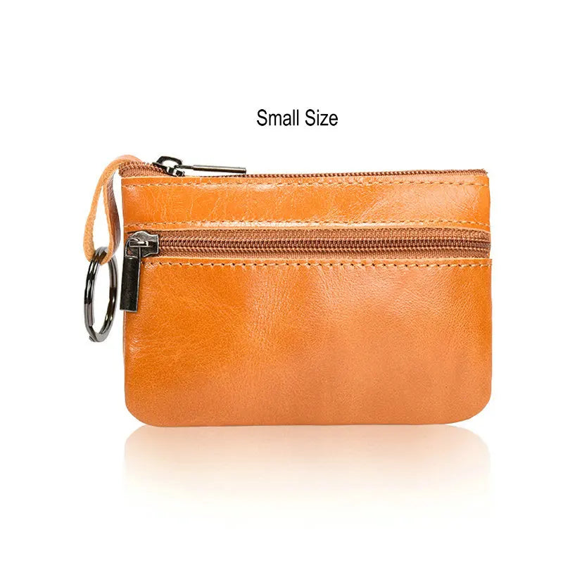 Retro Genuine Leather Coin Purse with Keychain for Men & Women Cowhide Zipper Coin Wallet Vintage Key Holder - small lightbro