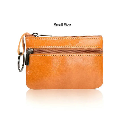 Retro Genuine Leather Coin Purse with Keychain for Men & Women Cowhide Zipper Coin Wallet Vintage Key Holder - small lightbro