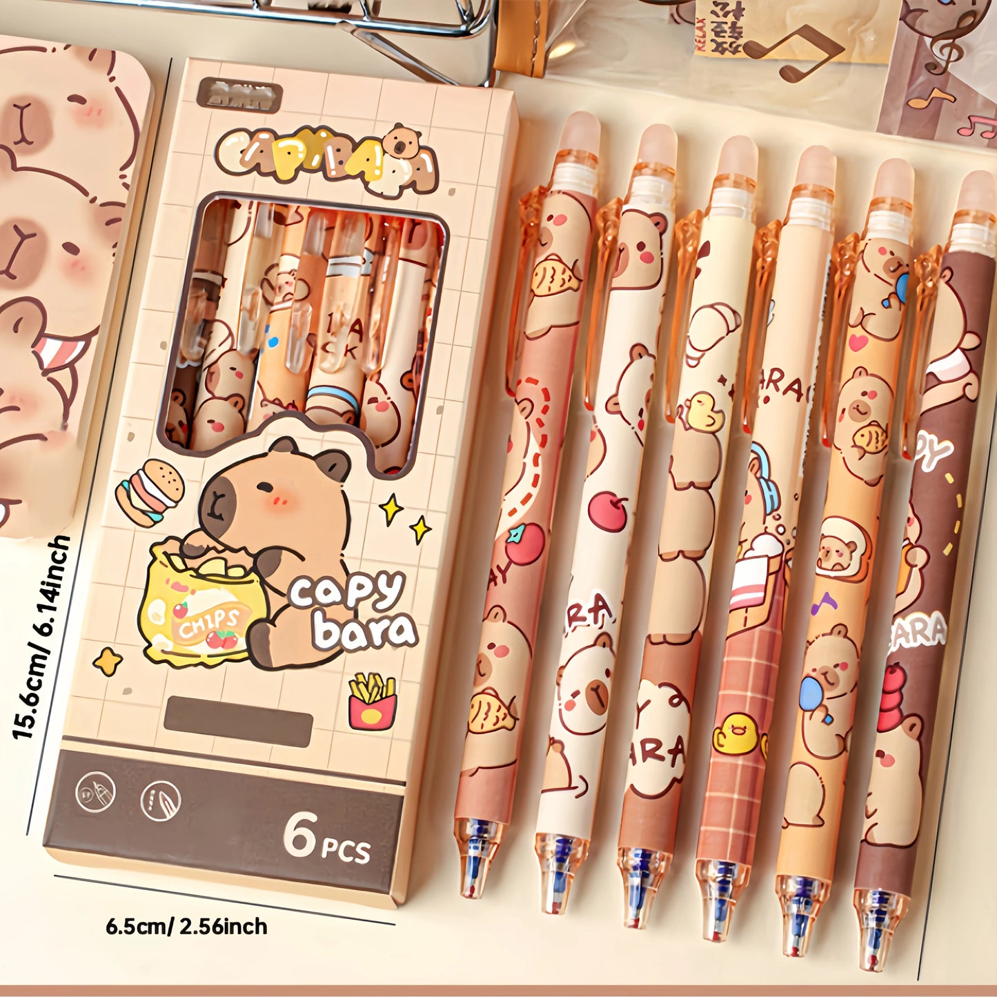 6pcs Cute Capybara Erasable Gel Pens | 0.5mm Retractable Blue Ink for School & Office | Smooth Writing & Quick-Drying (6 Colo